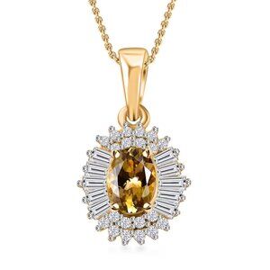 Golden Tanzanite & White Zircon Sunburst Pendant Necklace 20 Inches L - NEW